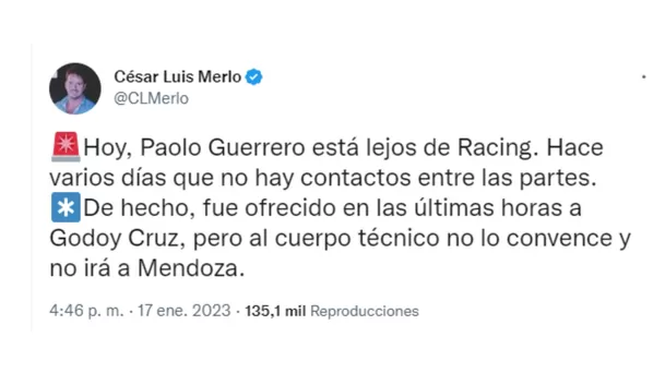 Tweet del periodista César Luis Merlo