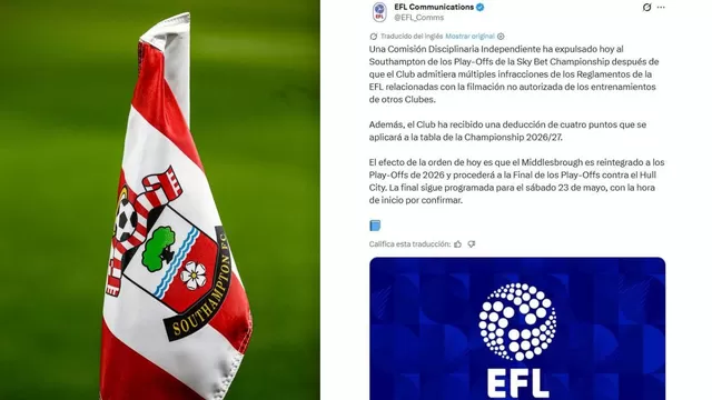 Playoff Premier League: Southampton expulsado por Comisión Disciplinaria Independiente por caso espionaje. | Fuente X de @EFL_Comms