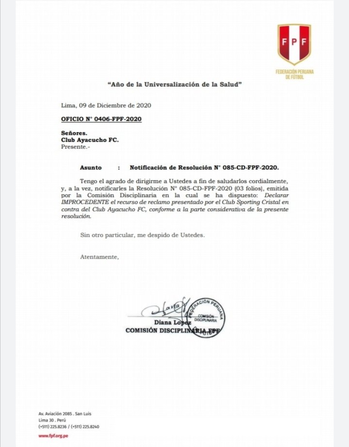 Declaran improcedente el reclamo de Sporting Cristal sobre Ayacucho FC.
