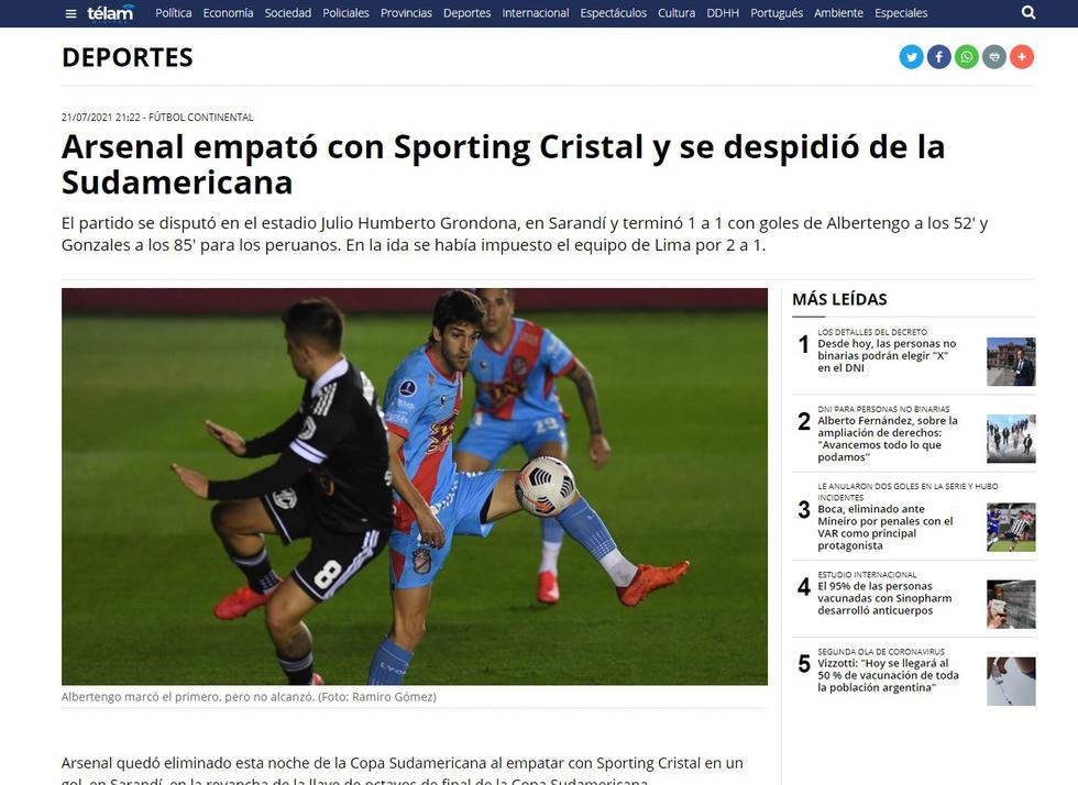 La reacción de la prensa argentina tras la eliminación de Arsenal a manos de Sporting Cristal.