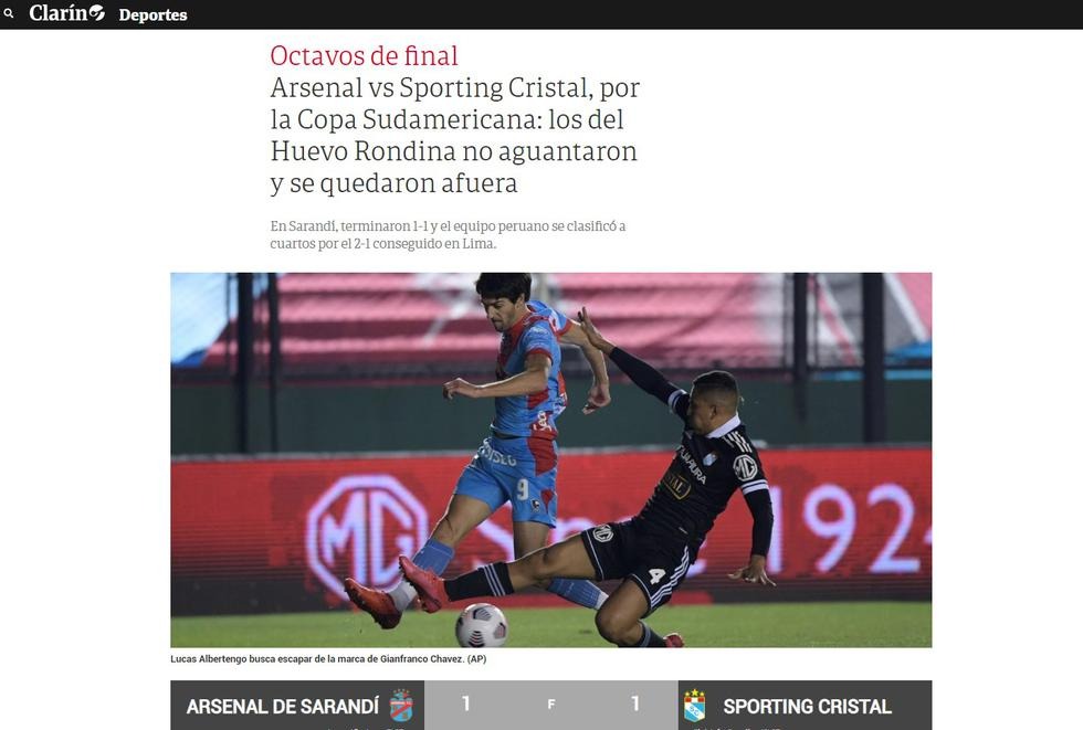 La reacción de la prensa argentina tras la eliminación de Arsenal a manos de Sporting Cristal.