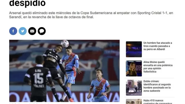 La reacción de la prensa argentina tras la eliminación de Arsenal a manos de Sporting Cristal.