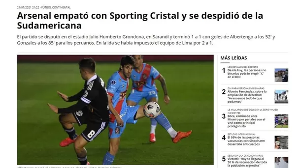 La reacción de la prensa argentina tras la eliminación de Arsenal a manos de Sporting Cristal.