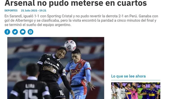 La reacción de la prensa argentina tras la eliminación de Arsenal a manos de Sporting Cristal.