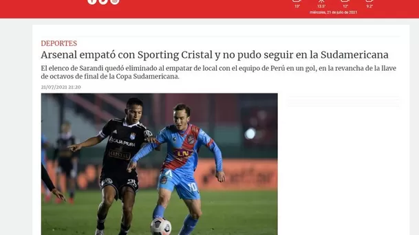 La reacción de la prensa argentina tras la eliminación de Arsenal a manos de Sporting Cristal.