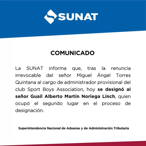 SUNAT designó a administrador de Sport Boys tras salida de Miguel Torres / X