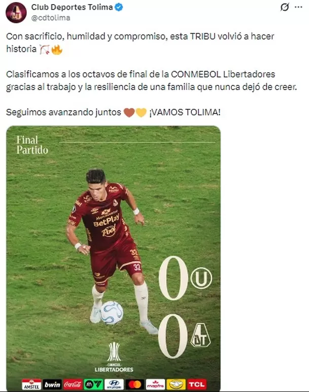 Mensaje de Tolima tras empate ante Universitario / X de Tolima