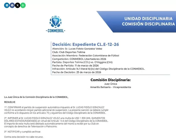 CONMEBOL sancionó a DT de Deportes Tolima / X