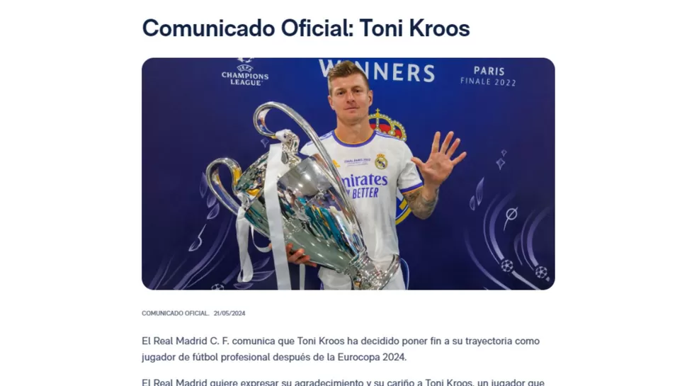 Real Madrid compartió un comunicado en que agradecían la entrega de Kroos / Foto: Real Madrid 