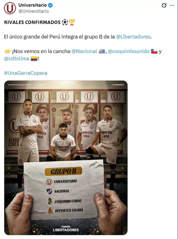 Mensaje de Universitario tras integrar el Grupo B / X