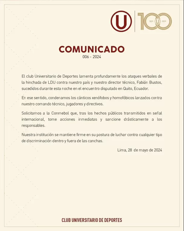 Comunicado de Universitario por sucesos en Quito. | Foto: Universitario.