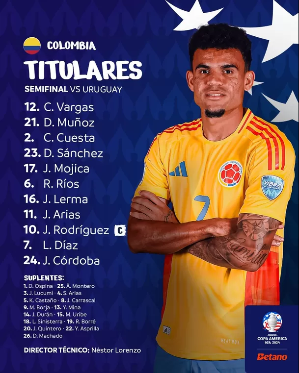 Once de Colombia para el duelo ante Uruguay. | Foto: Copa América 2024.