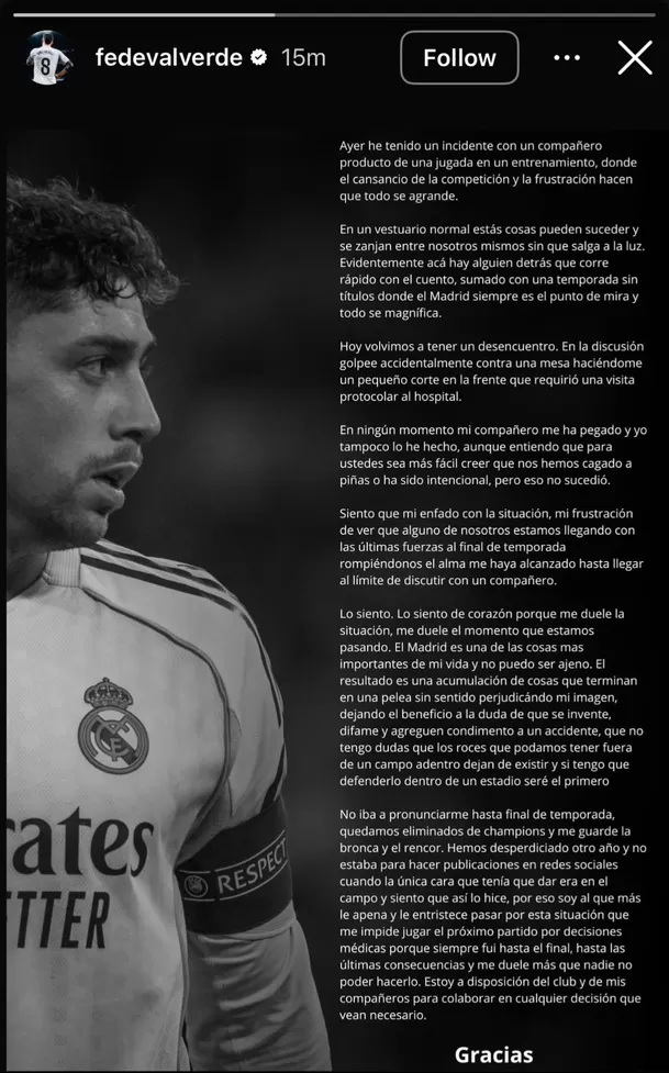 Comunicado de Federico Valverde tras pleito con Tchouaméni / Foto: IG Federico Valverde 