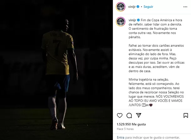 Vinicius Jr. hace mea culpa en sus redes sociales / Foto: Instagram