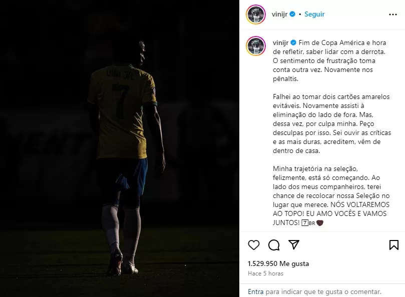 Vinicius Jr. hace mea culpa por eliminación de Brasil América Deportes