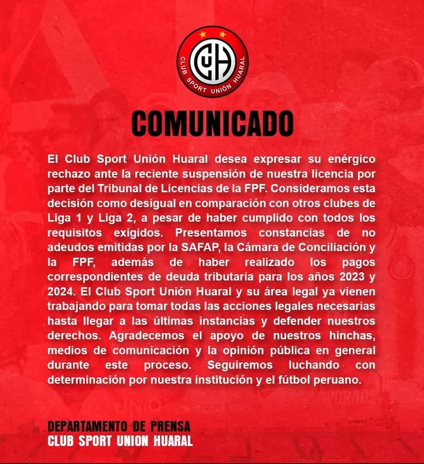 Comunicado del Unión Huaral. | Fuente: www.facebook.com/csunionhuaral