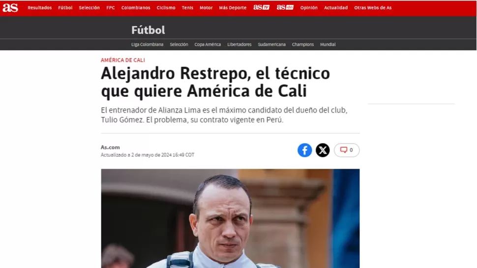 Infomación del AS de Colombia señala que el América de Cali desea contar con Alejandro Restrepo / AS Colombia