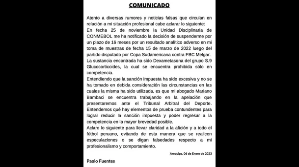 Comunicado Paolo Fuentes