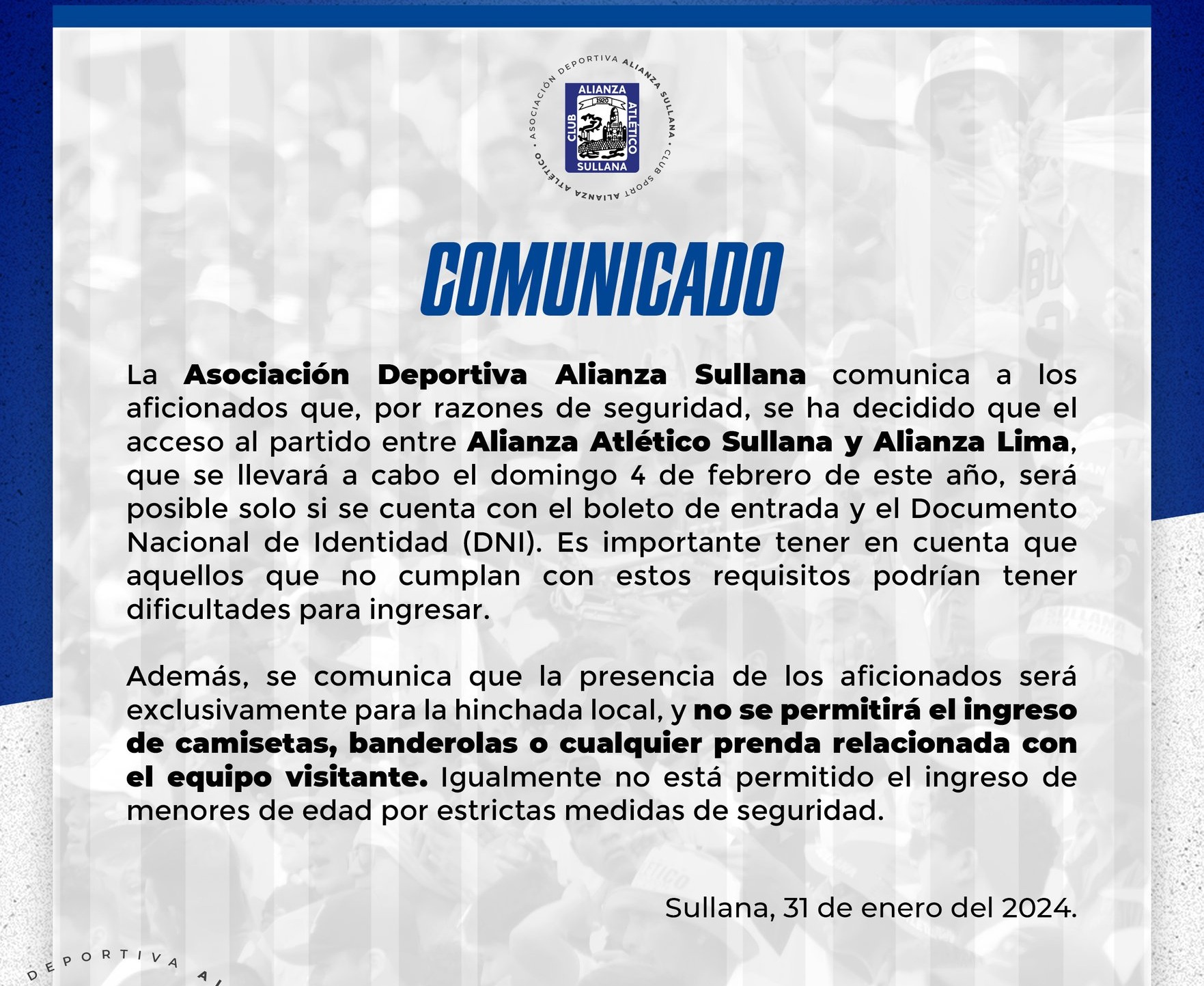 Comunicado de Alianza Atlético anunciando que jugarán con hinchada local / Foto: Alianza Atlético