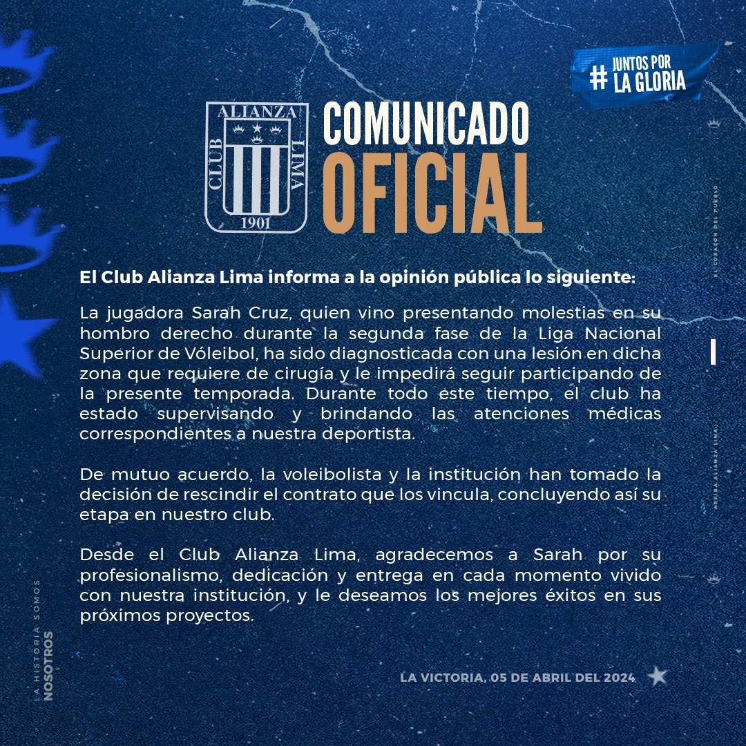 Alianza Lima anunció la salida de Sarah Cruz. | Fuente: @AlianzaLimaVB