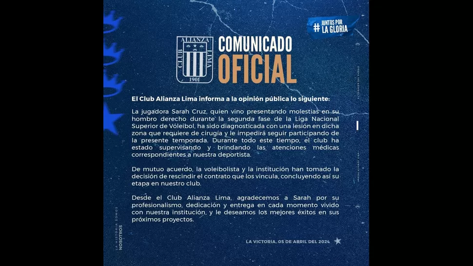 Alianza Lima anunció la salida de Sarah Cruz. | Fuente: @AlianzaLimaVB