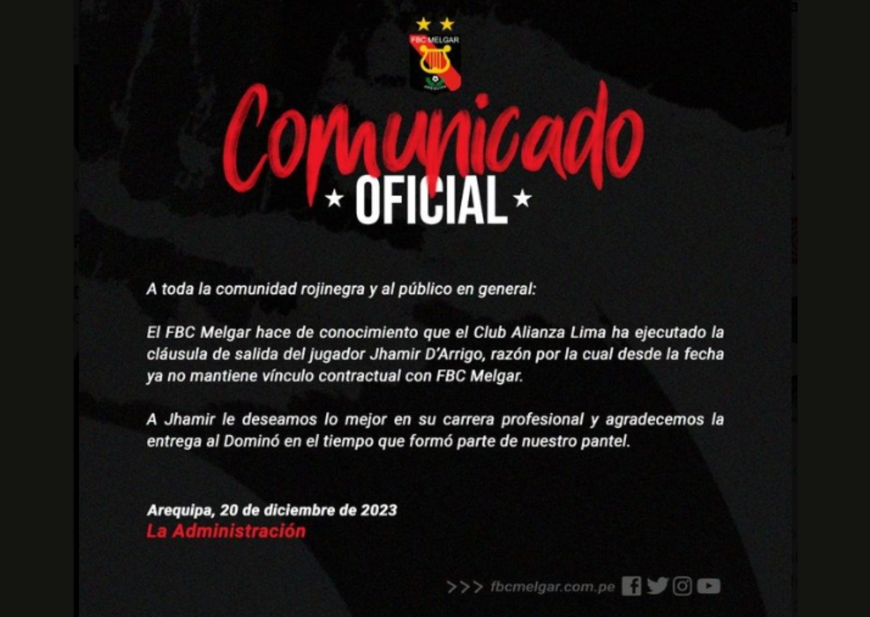 Comunicado del FBC Melgar / Foto: FBC Melgar Comunicado del FBC Melgar / Foto: FBC Melgar