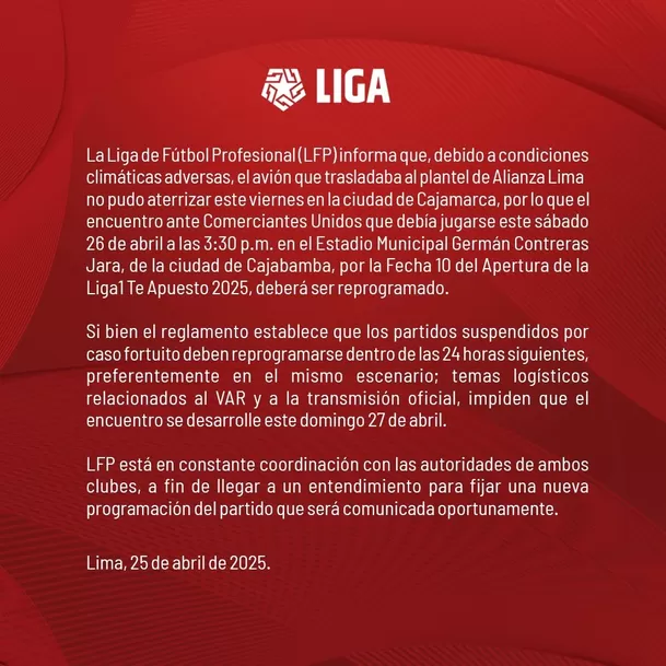 Liga 1 lanzó comunicado tras suspensión del Alianza Lima vs Comerciantes / X Liga 1 lanzó comunicado tras suspensión del Alianza Lima vs Comerciantes / X