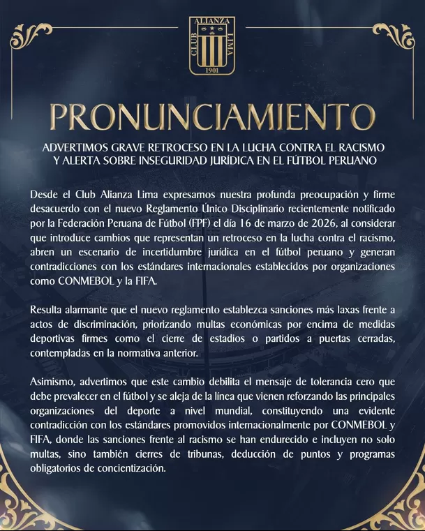 Comunicado de Alianza Lima / X