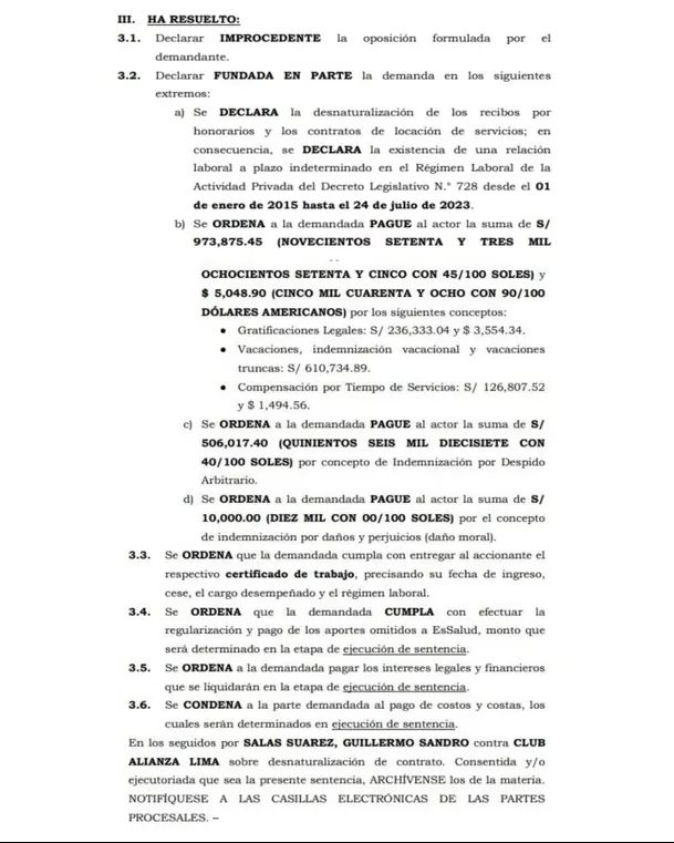 Fallo del Poder Judicial sobre Alianza Lima y Guillermo Salas / Foto: Difusión