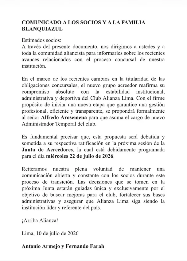 Comunicado de Socios de Alianza Lima sobre su nuevo gerente general / Foto: Socios de Alianza Lima Comunicado de Socios de Alianza Lima sobre su nuevo gerente general / Foto: Socios de Alianza Lima