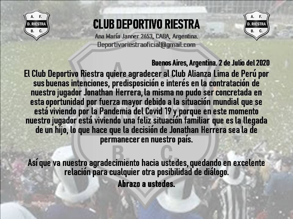 Aquí el comunicado de Deportivo Riestra.