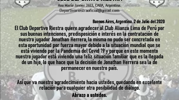 Aquí el comunicado de Deportivo Riestra.