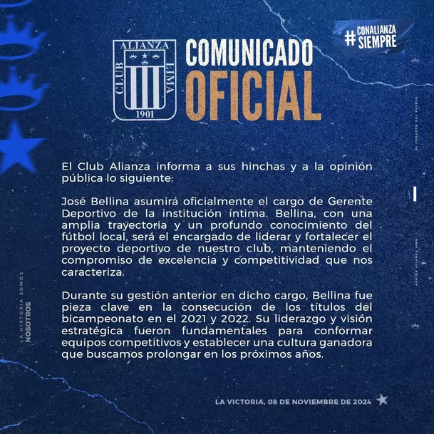 Comunicado oficial de Alianza Lima sobre el nuevo director deportivo. | Foto: Alianza Lima.