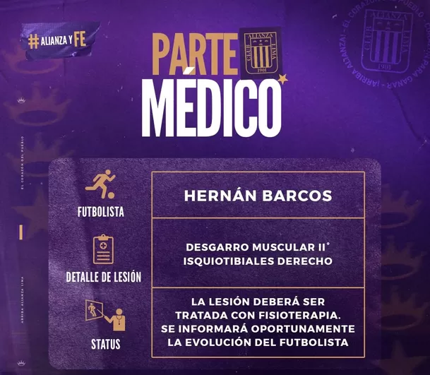 Parte médico de Alianza Lima sobre estado de Hernán Barcos. | Foto: Alianza Lima.