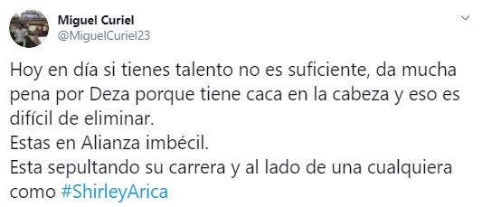 Primer mensaje de Miguel Curiel sobre Jean Deza en Twitter.