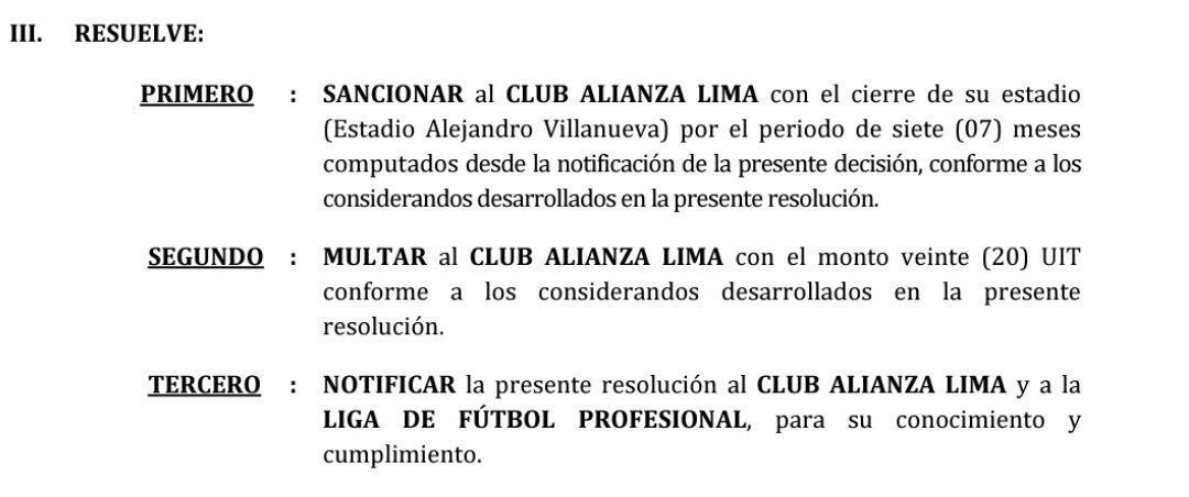 Sanción a Alianza Lima por apagón en la final.