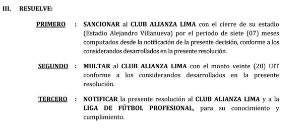 Sanción a Alianza Lima por apagón en la final.