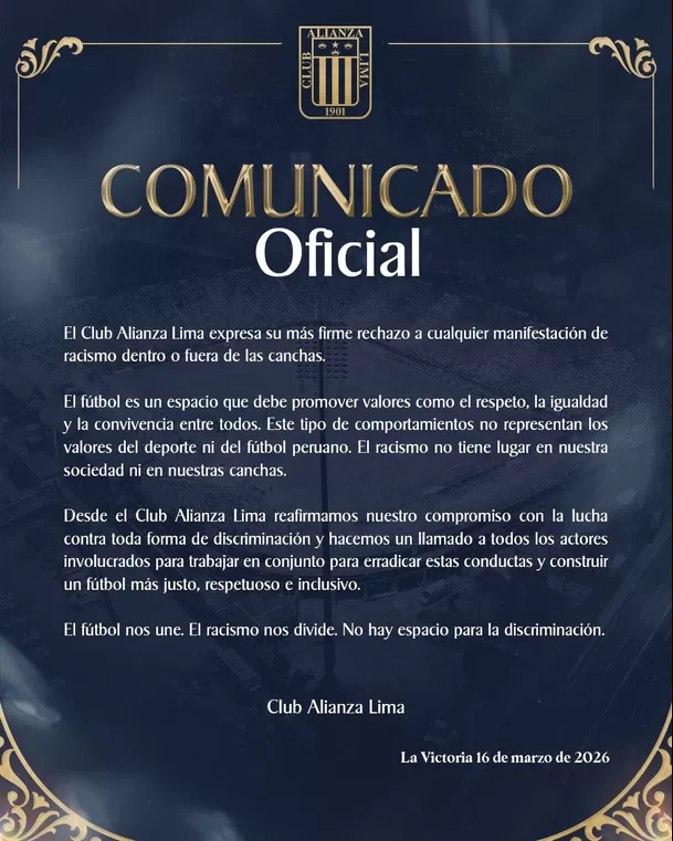 Comunicado de Alianza Lima tras presuntos actos de racismo / X