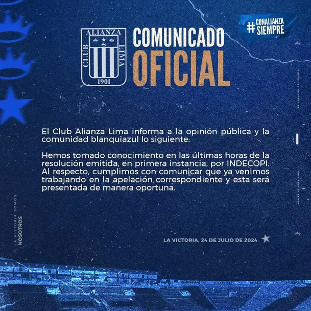 Comunicado de Alianza Lima por sanción impuesta por Indecopi. | Foto: Alianza Lima.