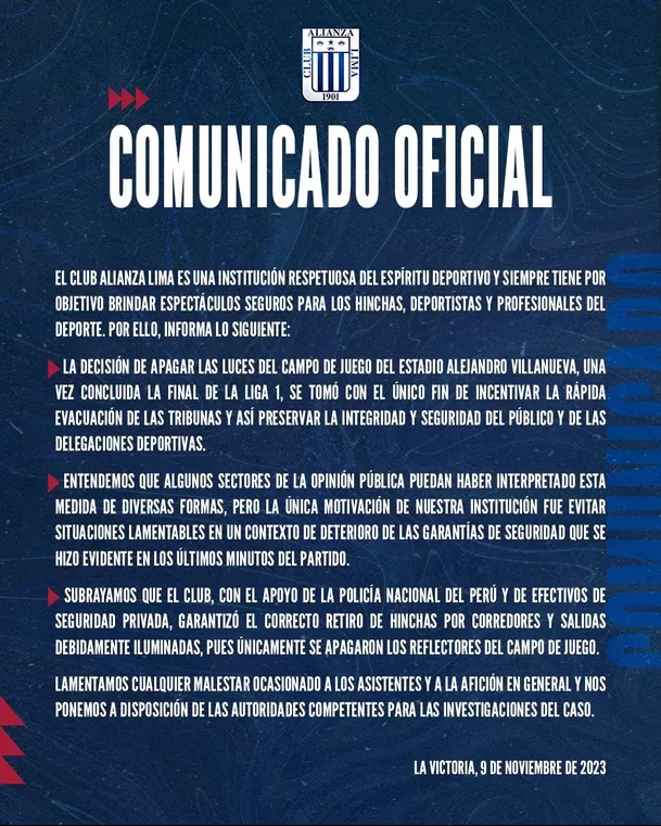 Este es el comunicado de Alianza Lima. | Fuente: @ClubALoficial