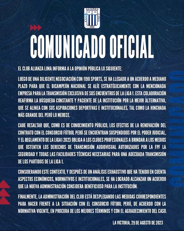 Comunicado de Alianza Lima. | Fuente: @ClubALoficial