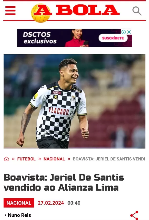 Esto informa &#39;A Bola&#39; sobre Jeriel De Santis. | Fuente: &#39;A Bola&#39;