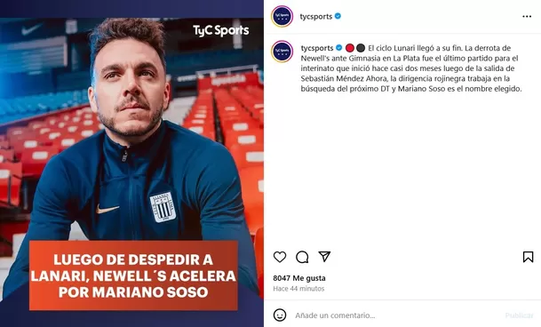 Mariano Soso está muy cerca de colocarse el buzo de Newells. | Foto: IG.