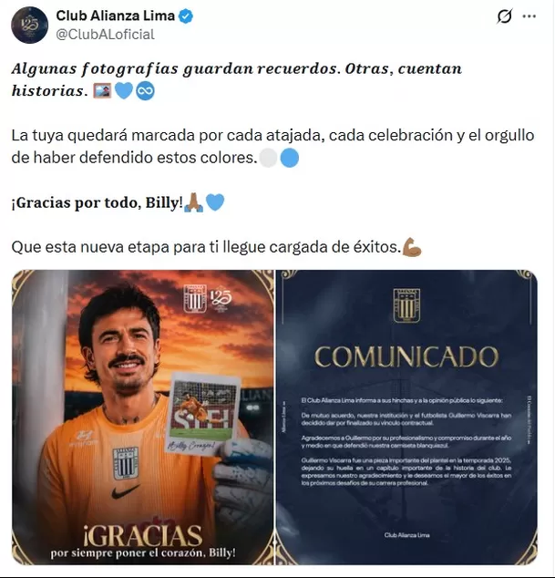 Alianza Lima se despidió de Guillermo Viscarra / Fuente: X de Alianza Lima Alianza Lima se despidió de Guillermo Viscarra / Fuente: X de Alianza Lima
