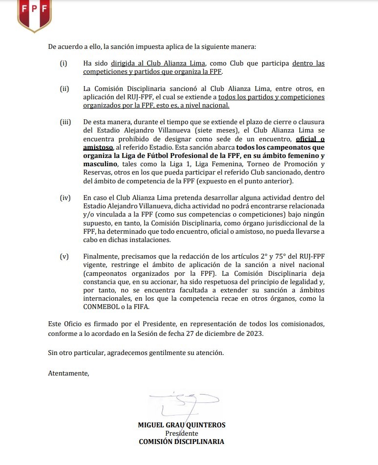 Parte de la Resolución emitida por la Comisión de Disciplina de la FPF / Foto: FPF