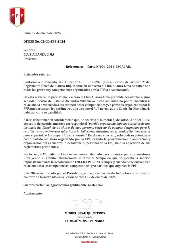 Documento la Comisión Disciplinaria de la FPF estipula que los íntimos pueden realizar amistosos en su estadio /  Difusión