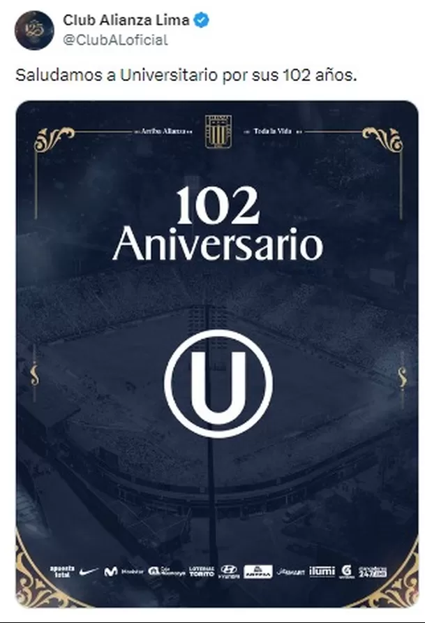 Así fue el saludo de Alianza Lima a Universitario / Fuente: X de Alianza Lima Así fue el saludo de Alianza Lima a Universitario / Fuente: X de Alianza Lima