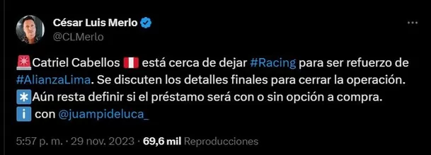 El periodista César Luis Merlo informó sobre esta transacción. | Foto: Twitter.