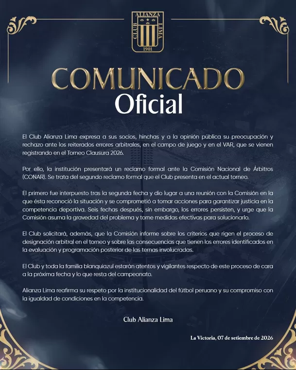 Comunicado de Alianza Lima / Foto: Alianza Lima
