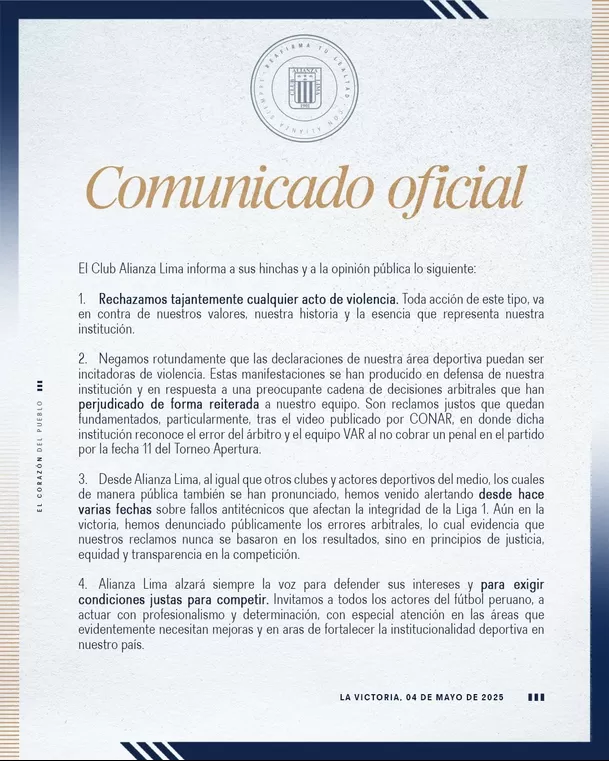 Comunicado de Alianza Lima en respuesta a la CONAR / X